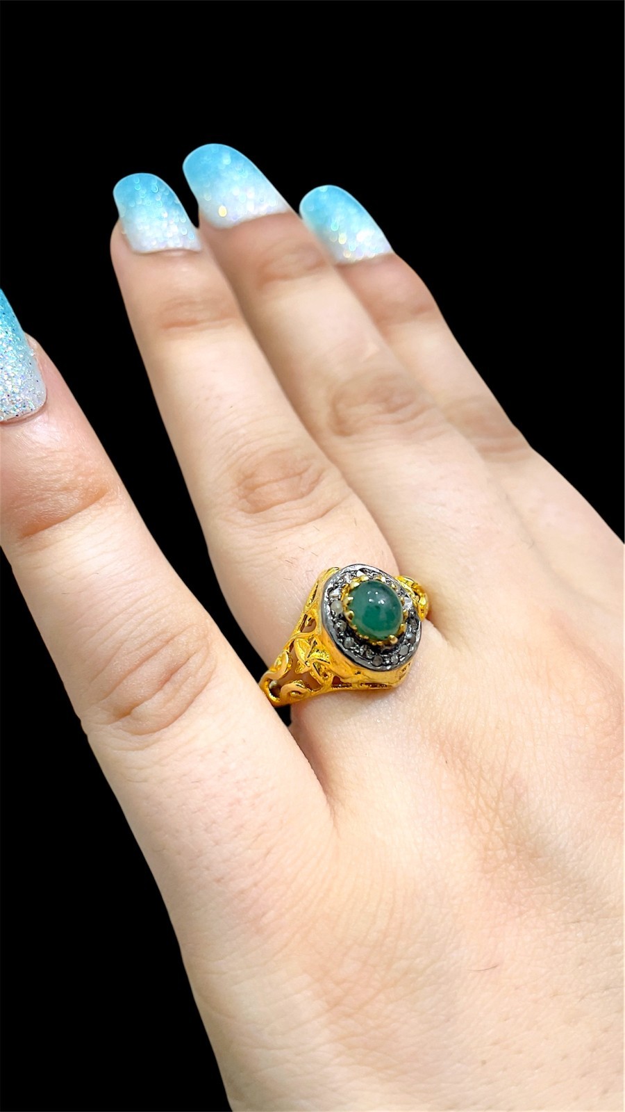Natural Emerald & Diamond Ring, 14k Gold Plated Victorian Jewelry Gift For Her
