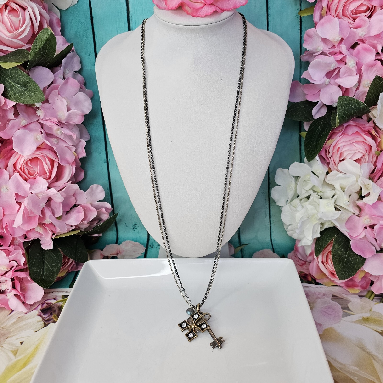 STELLA & DOT Silver Tone Key Cross Charm Pendant Long Chain Necklace