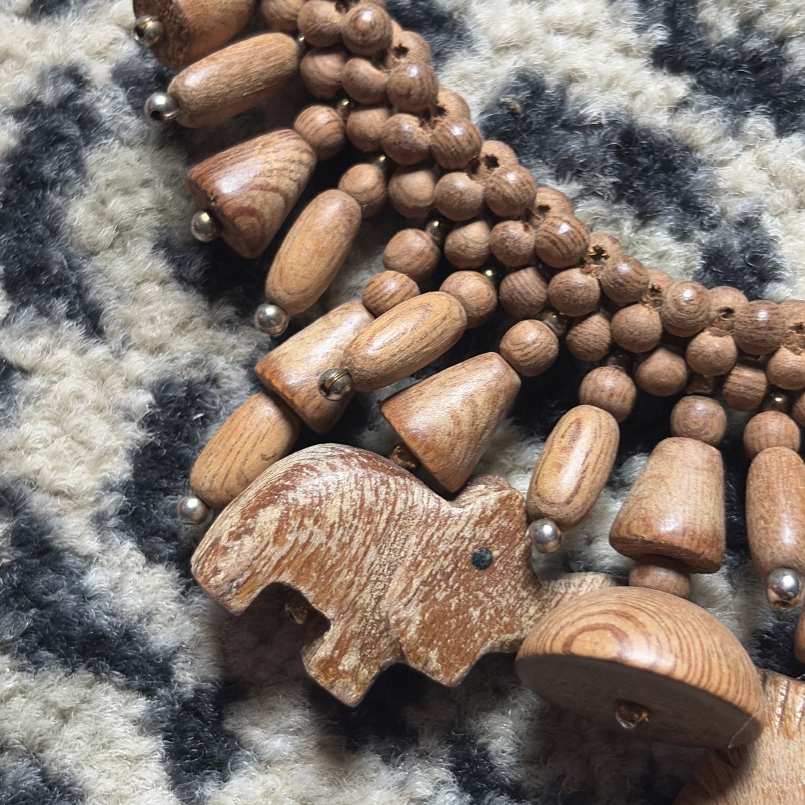 Vintage 1960s Barrel Clasp Hand Carved Wooden Animal Necklace Safari Figural
