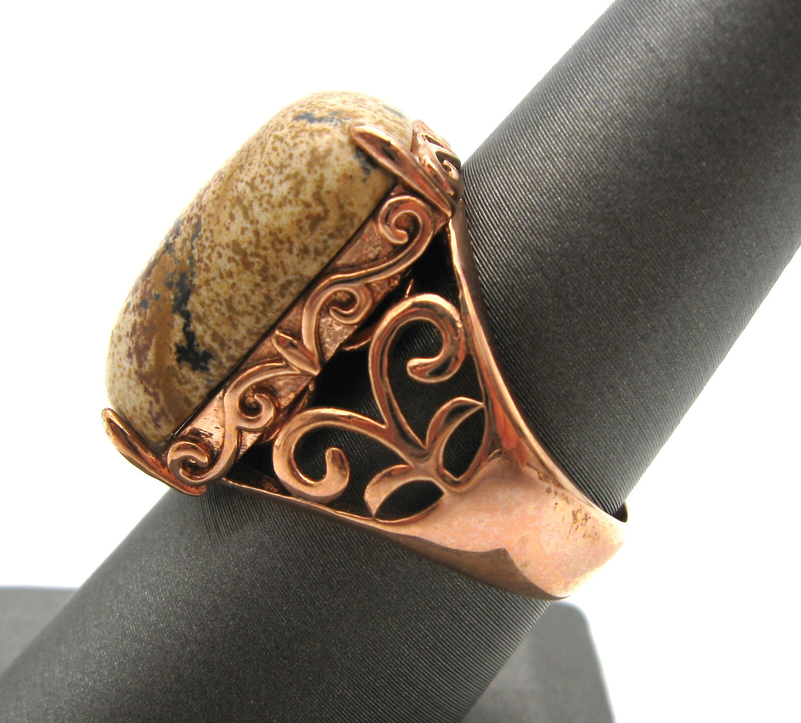 Vintage Jasper Stone Filigree Rose Gold Plated Ring Signed JZ Size 8