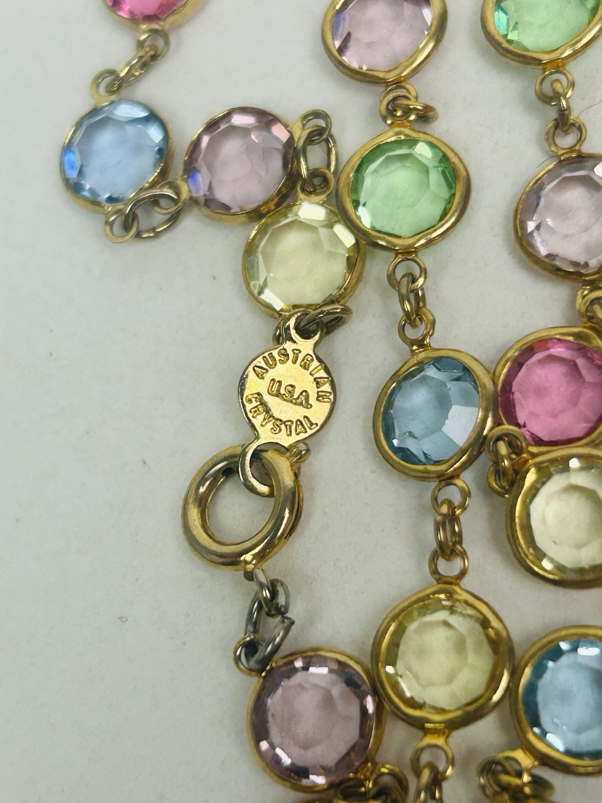 Vintage Bezel Set Multi Color Austrian USA Crystal Gold Tone Necklace Pink Blue