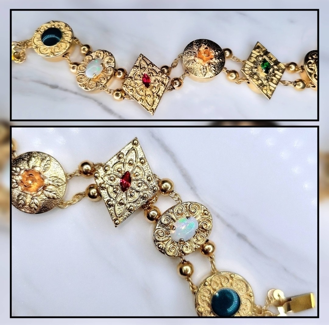 VERY RARE! Vintage Krementz Slide Bracelet 14/20 GF | 7 Decorative Slide Charms