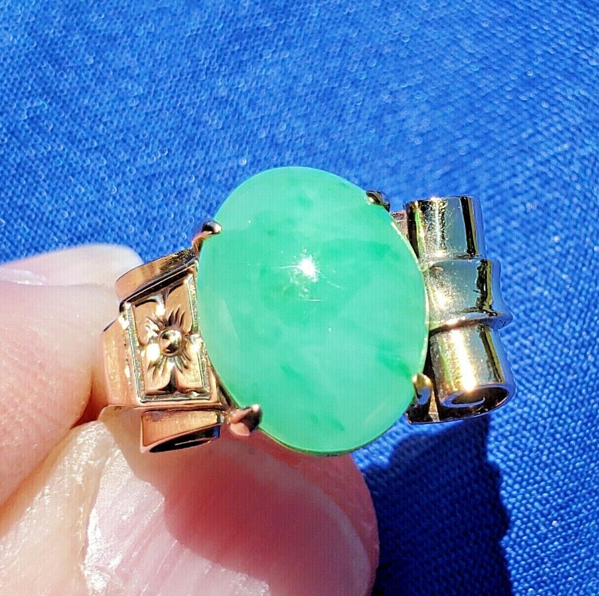 Original EARTH MINED Green Jadeite Jade Antique Engagement Ring SOLID 14K GOLD 8
