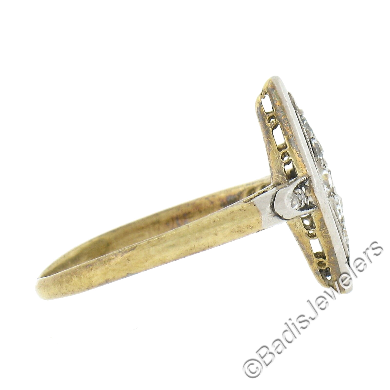 Antique Edwardian 18K Yellow Gold & Platinum Old Cut Diamond Lozenge Shape Ring