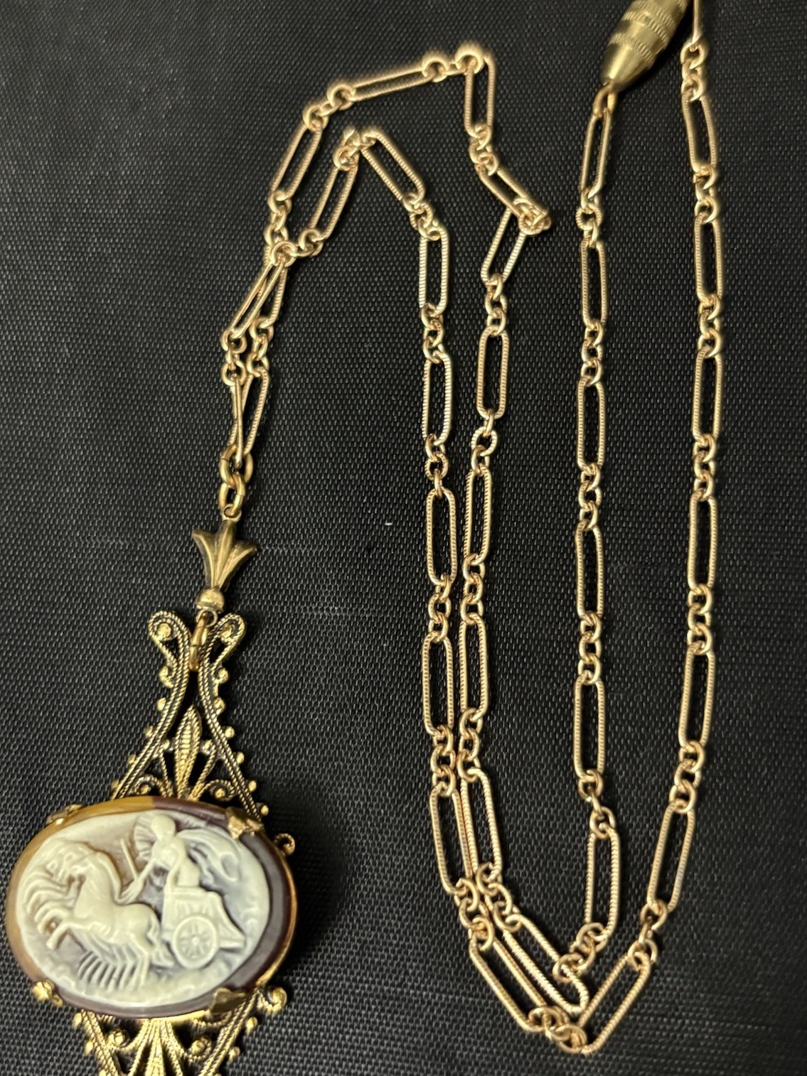 victorian Revival Cameo Pendant Necklace Gold Tone equestrian Horse Chariot 19”