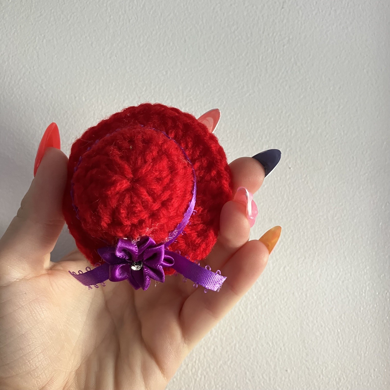 Handmade Crochet Hat Brooch Vintage 90s Y2K Pin Red With Purple Ribbon Bow