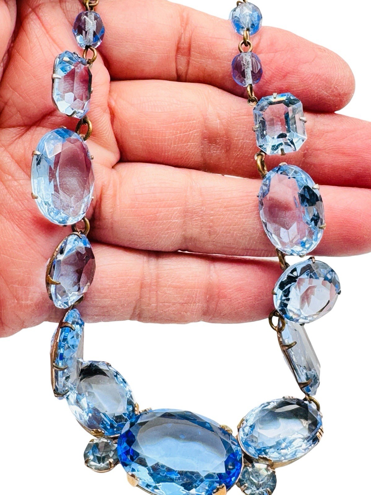Vintage Blue Glass Rhinestone Necklace Signed Frances Hirsch Beautiful 16″