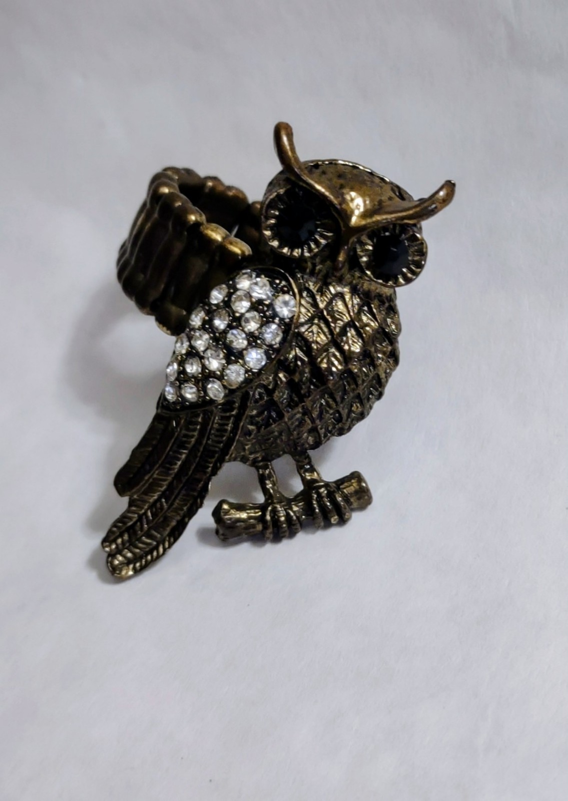 Vintage Owl Stretch Ring Rine Stones, Antique Gold Tone