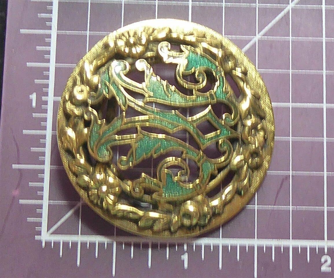 Vintage Freirich Gold Tone Brooch Green Enamel Monogram Colonial Williamsburg CW