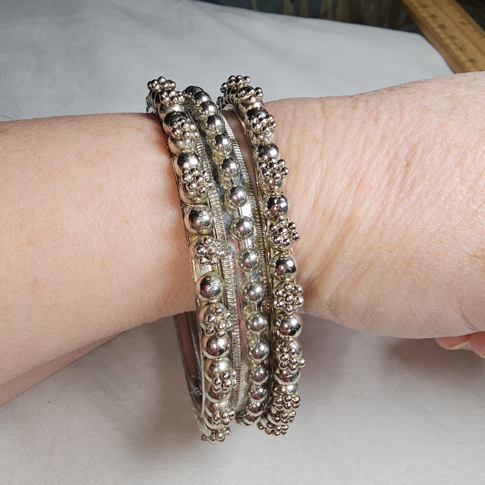 SET OF 3 Vintage Rajasthani Style BANGLE BRACELET Beaded Tribal Silvertone 8.25″