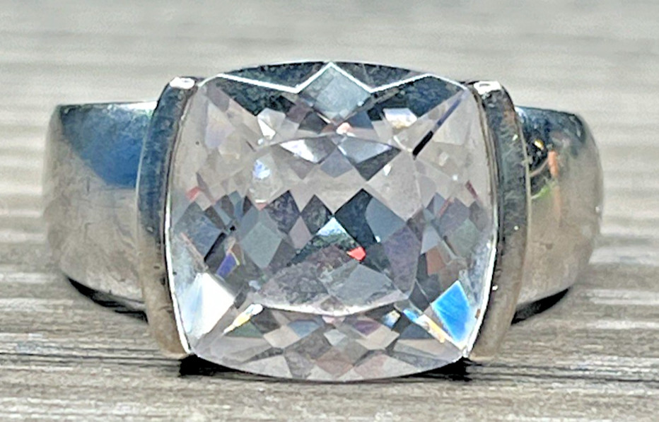 Big Large Clear CZ Cushion Cut Solitaire Vintage CI Sterling 925 Wide Ring SZ 8