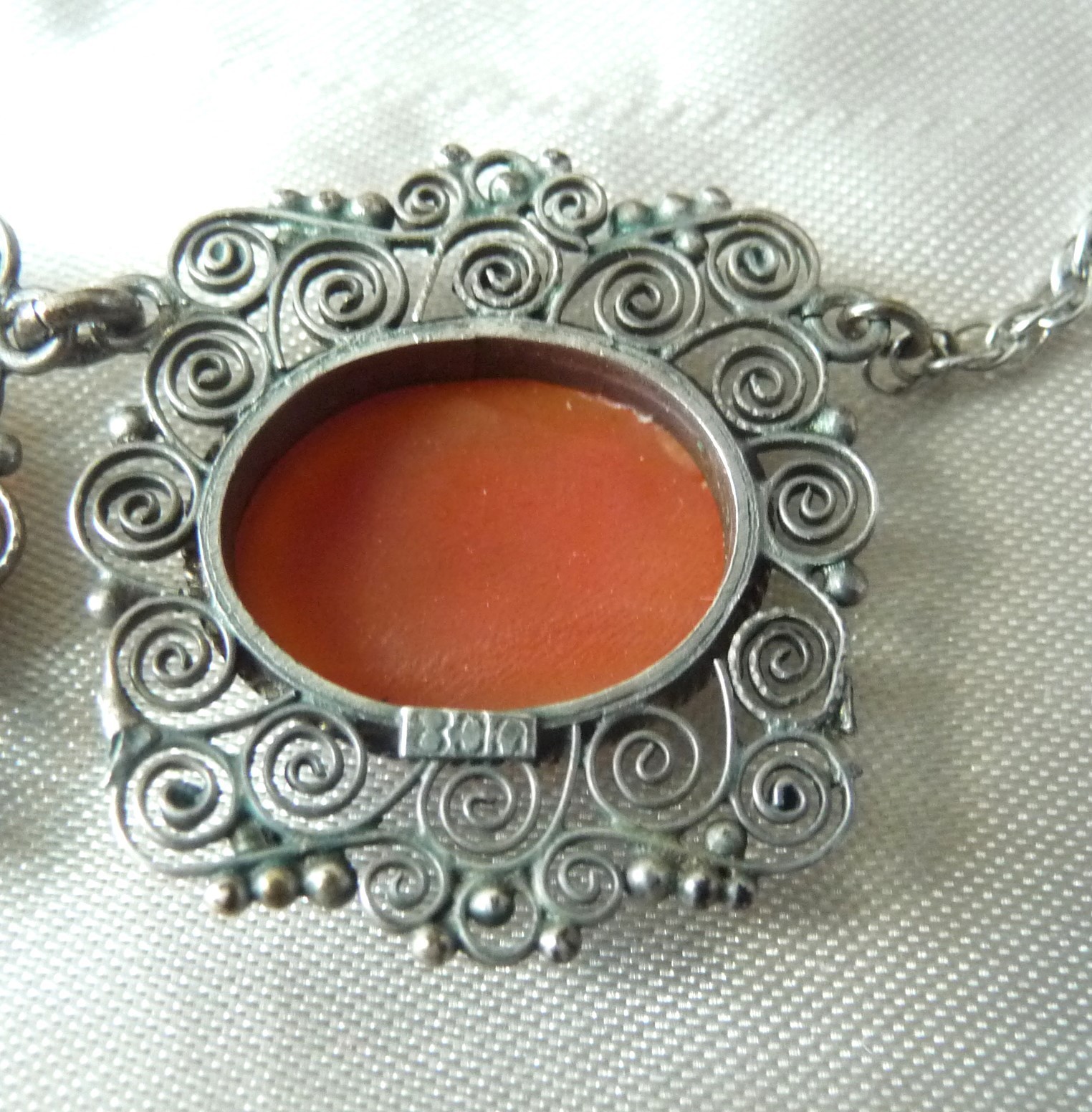 FABULOUS RARE ANTIQUE STERLING 800 SHELL CAMEO CANNETILLE CUPID CHARIOT NECKLACE