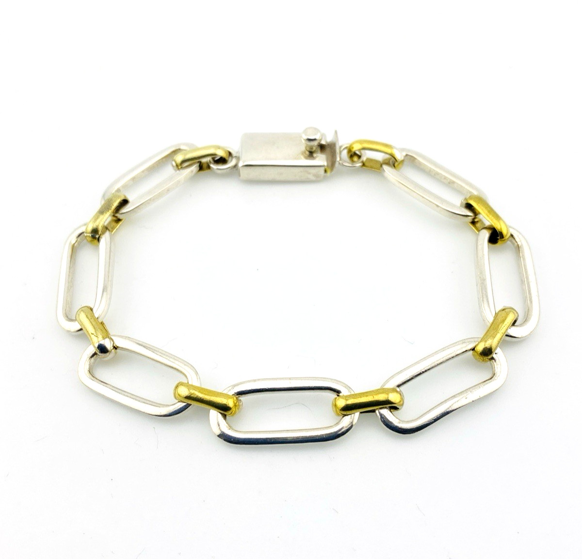 Mexico Sterling Silver Brass Link Bracelet Mixed Metal Chunky Chain 6.75 Inches