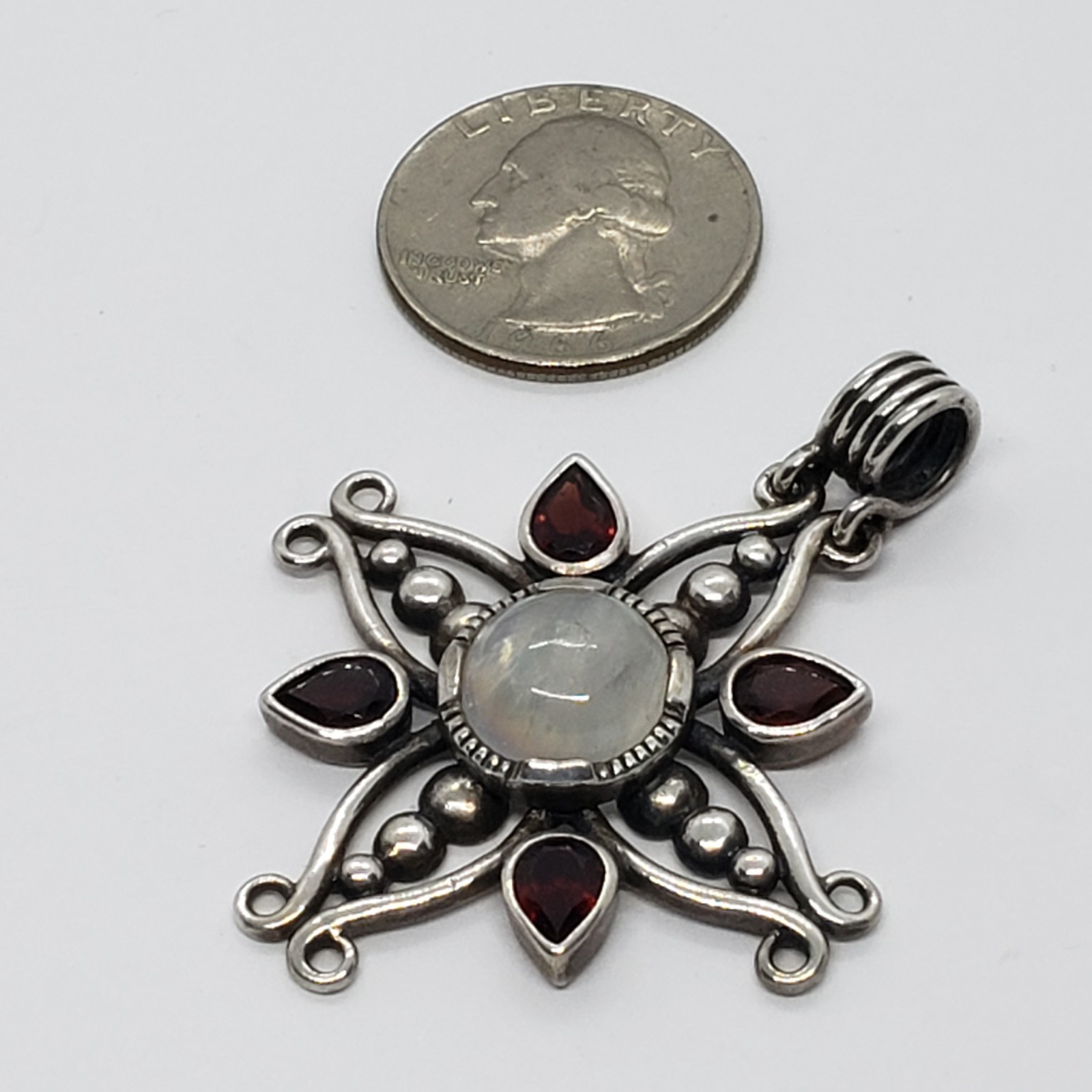 Vintage Kit Heath KTH Sterling Silver Filigree Labradorite 4 Red Stone PENDANT