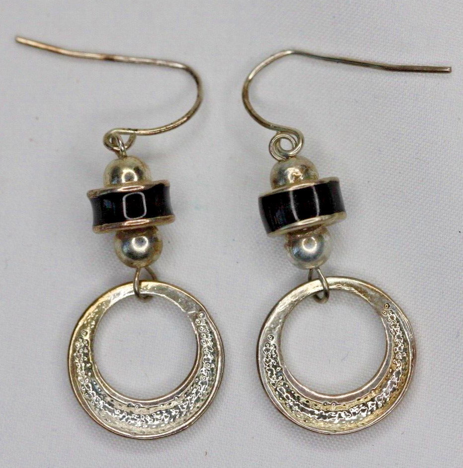 Silver Tone Black Enamel Dangle Drop Hoop Earrings