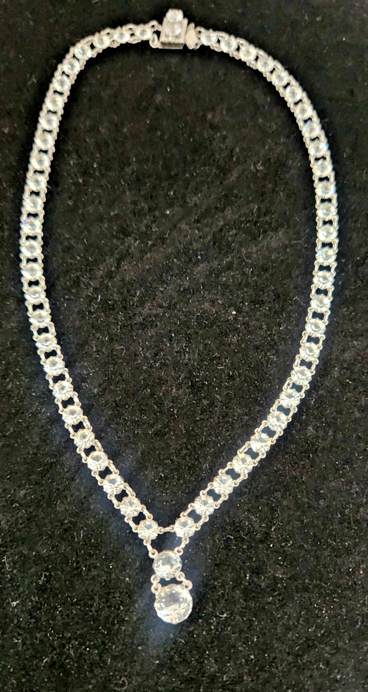 Antique Art Deco Silver Riviera Faceted Crystal Open Back Prong Set Necklace