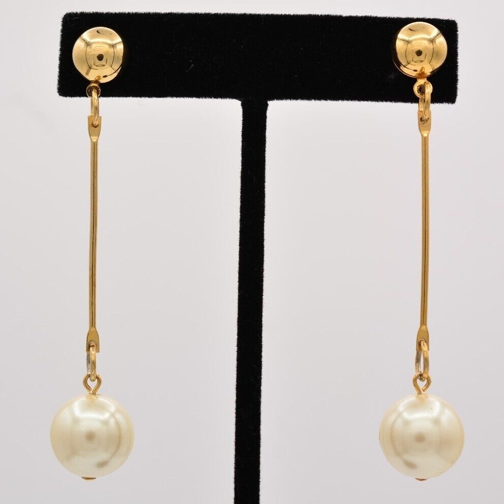 Vintage Dangle Earrings Long Round Faux Pearl Drop White Chunky 1990s BinZ