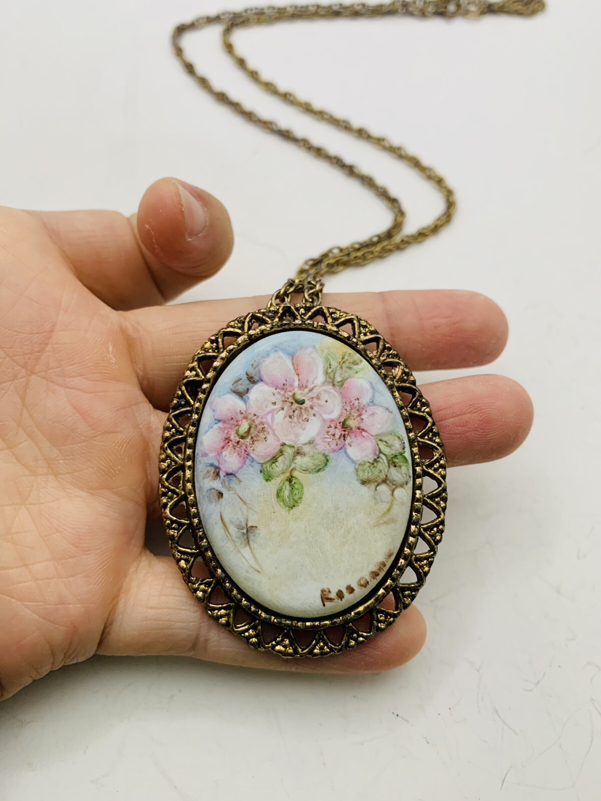 Vintage Cottagecore Hand Painted Pink Flower Nature Scene Artist Signed Necklace