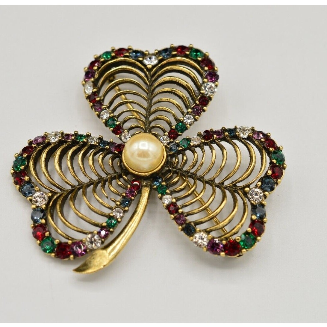 Vintage Crystal Clover Pin Brooch Antiqued Gold Red Green Chunky 1980s Bin5