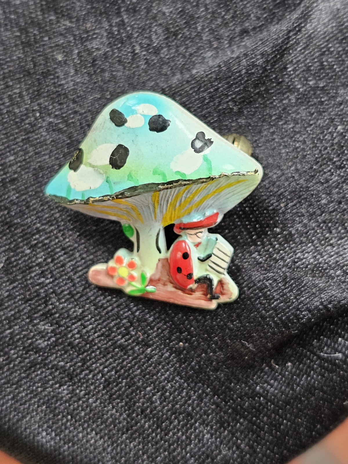 Vtg Painted Mushroom Brooch 3D Pin Man playing Accordion Signed Korea Whimsical