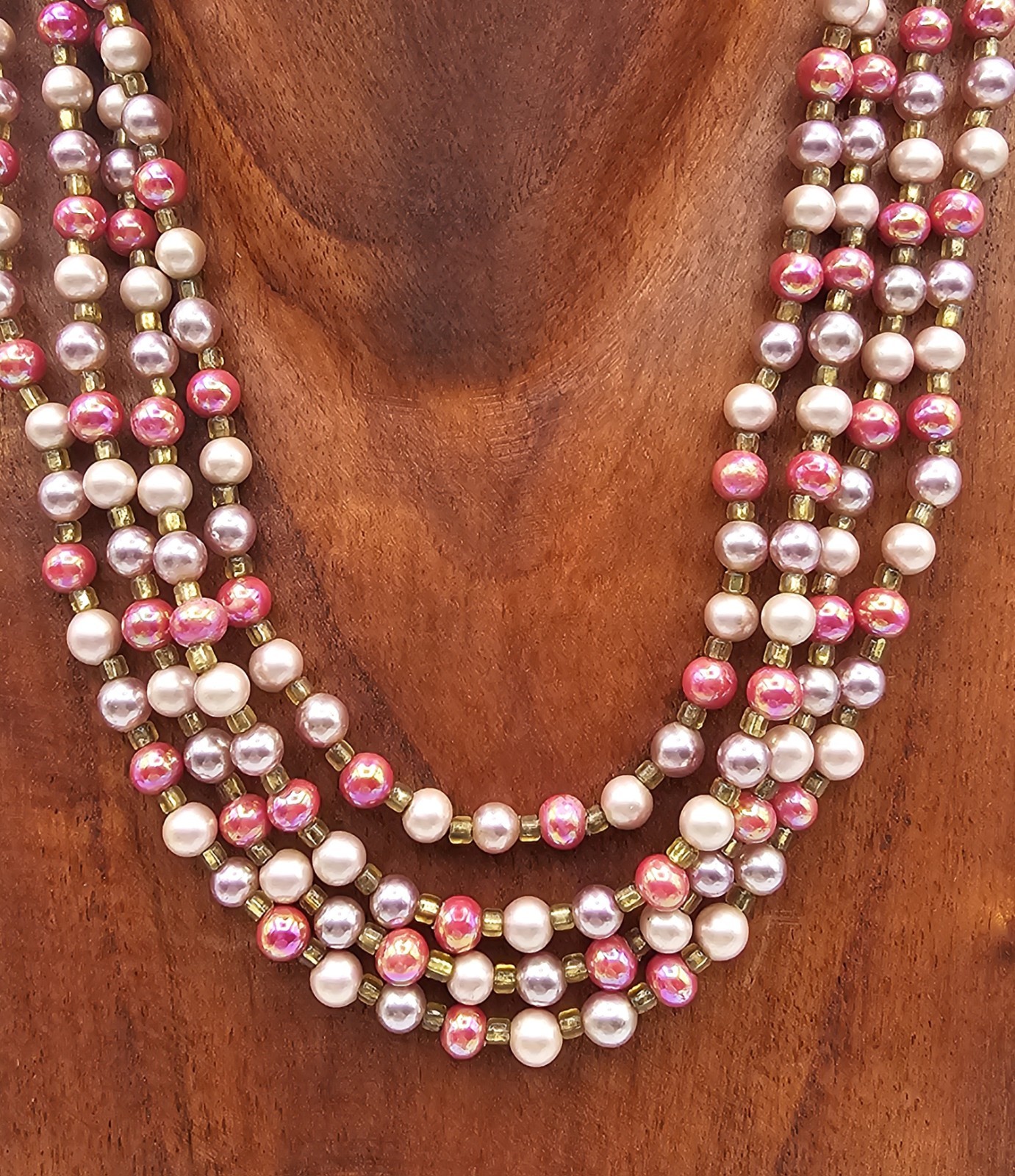 Vintage Multi-Strand Faux Pearl Necklace ~ Pinks & Purples Three Strand Japan