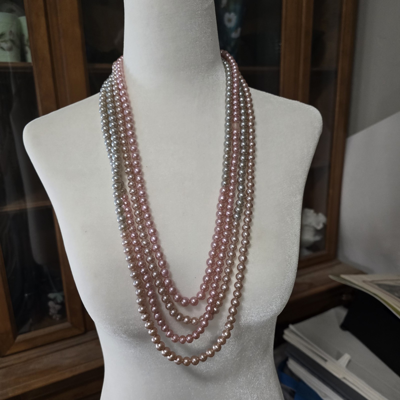 Lot 3 Vtg Opera Length Faux Pearl Necklaces Glass Gray Champagne And Pink