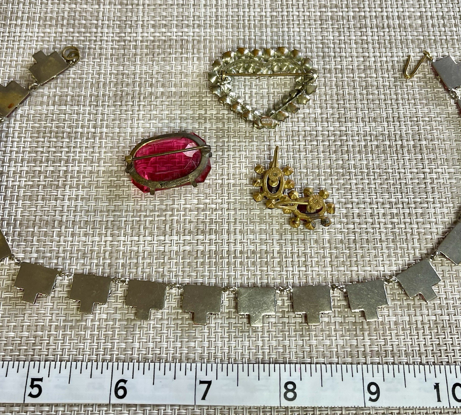 Antique Art Deco Czech PINK Vauxhall Foiled Glass Necklace Brooch Earrings Lot