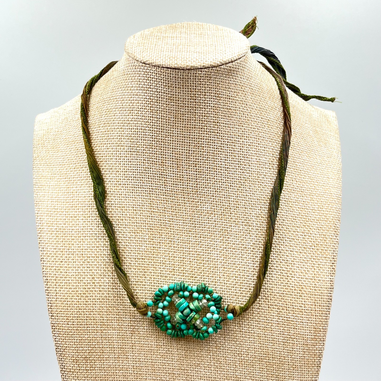 VTG Boho Artisan Turquoise Beads Silk Ribbon Wrap Necklace Earthy Mixed Green