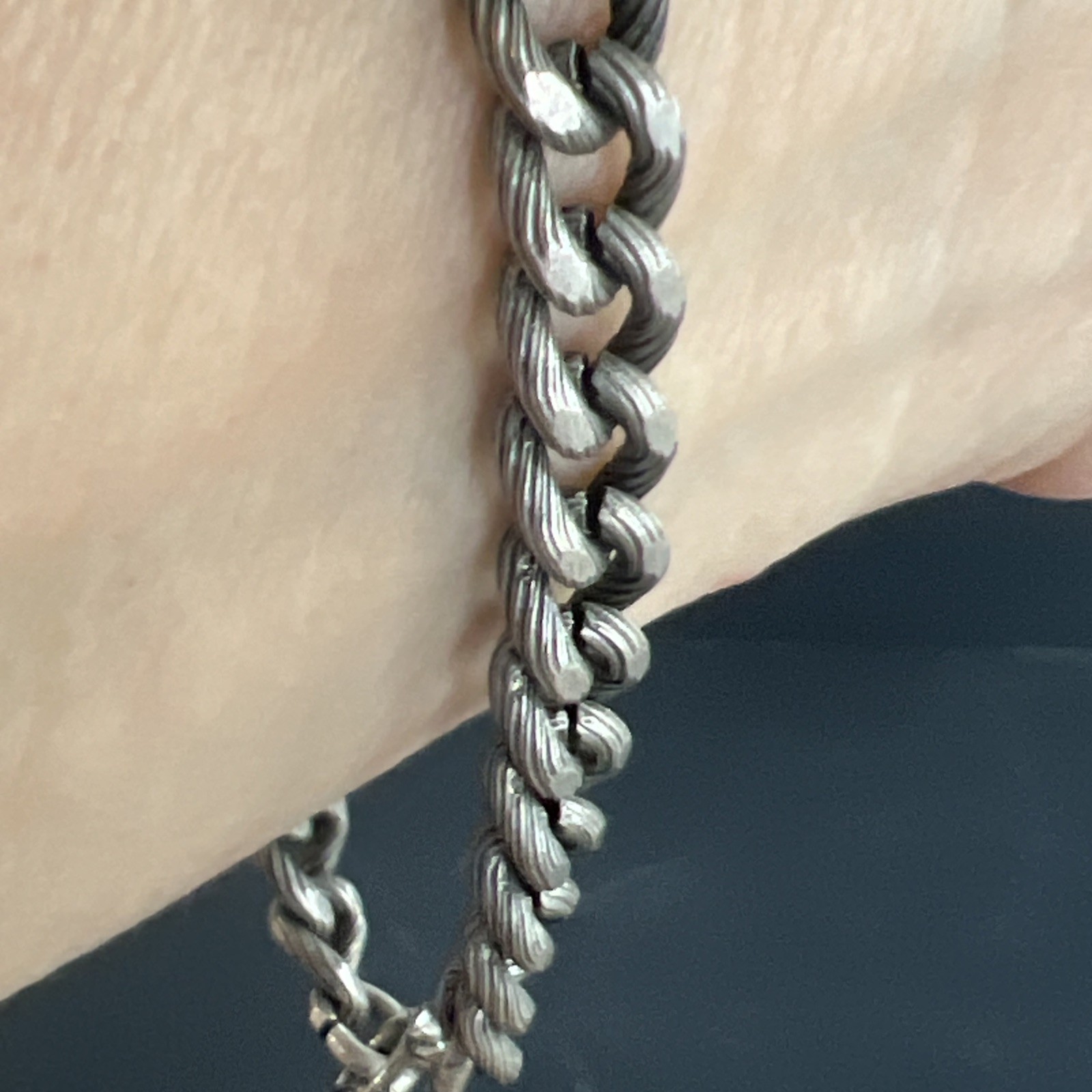 Vintage Silver or Pewter Tone Large Link Bracelet 8.75” Gun Metal Brushed Etched