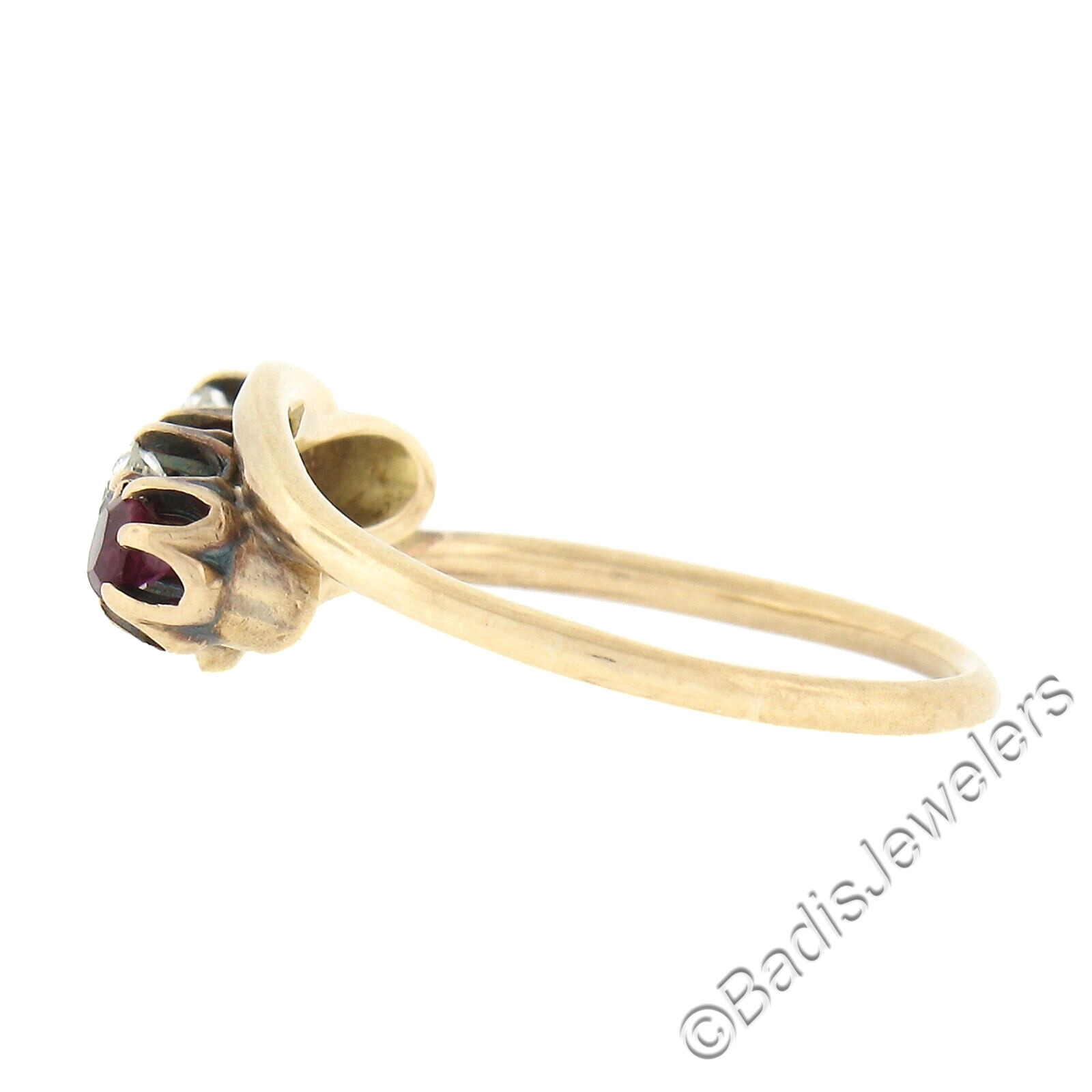Antique Victorian 14k Gold Buttercup Lab Created Ruby 0.20ctw Diamond Band Ring