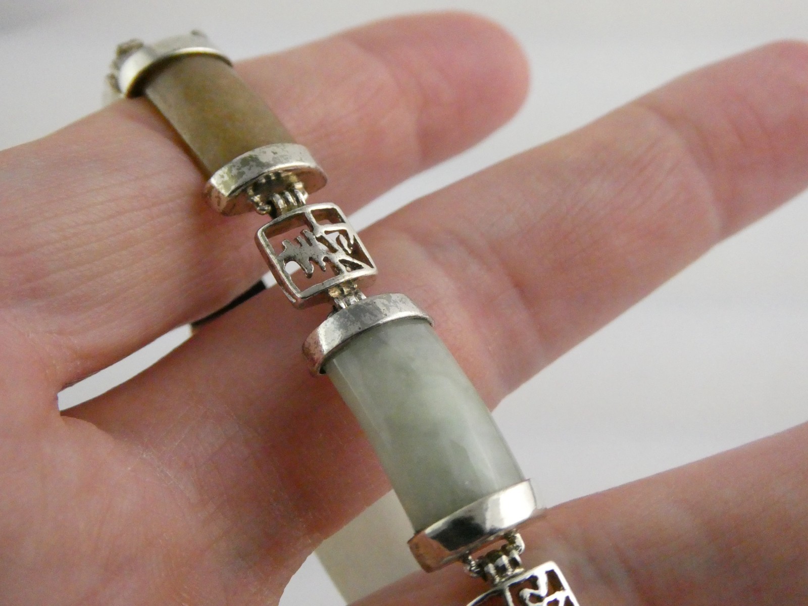 DBJ Dee Berkley Sterling Silver Chinese Character Jadeite Link Bracelet 7.5 Inch