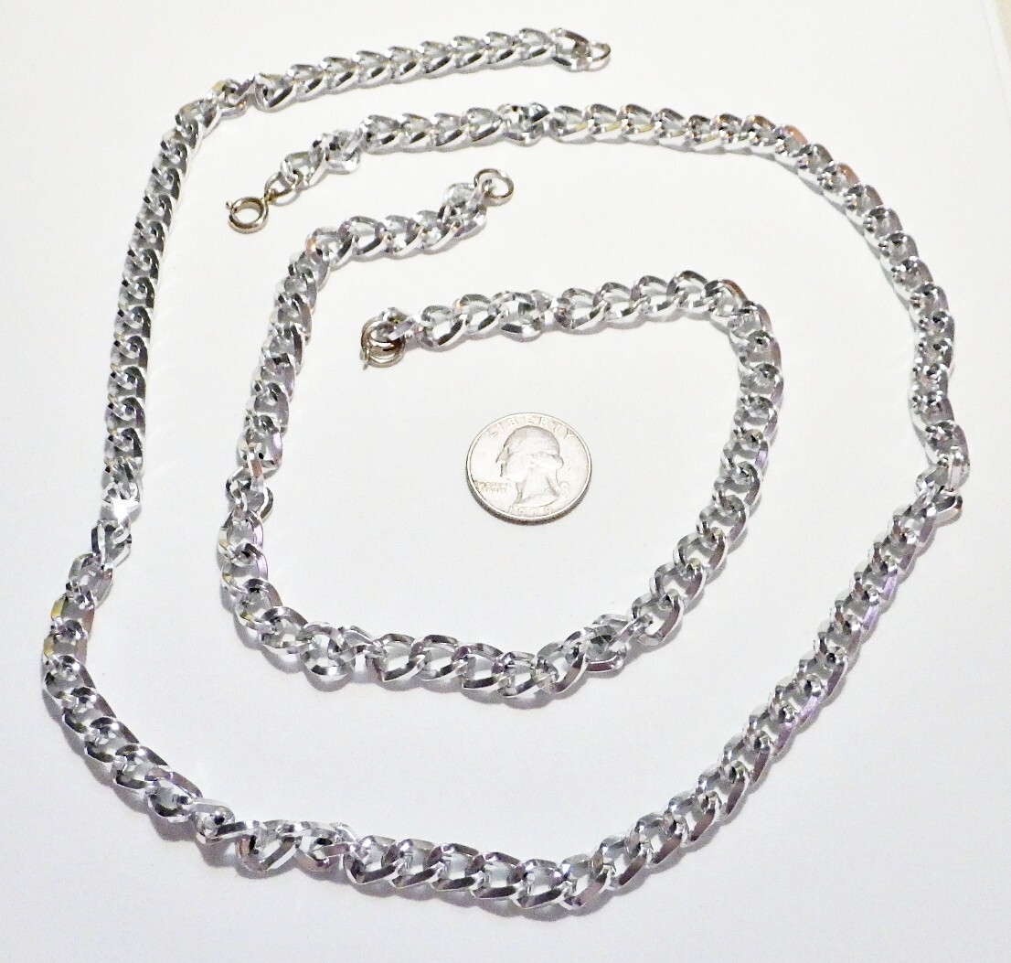 Vtg Set Lightweight Aluminum Curb Chain Necklaces 37″ & 15.5″ or Wrap Bracelet