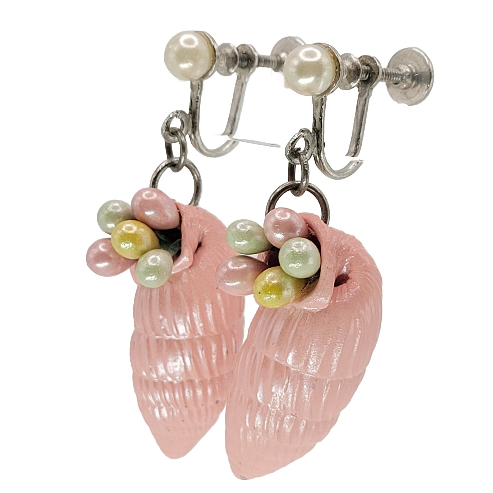VTG Screw Back Earrings Figural Pink Enamel Conch Shell Shape
