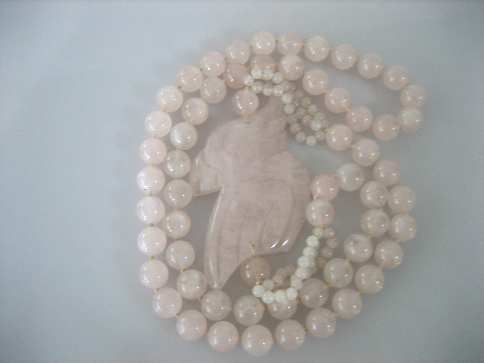 Vintage Rose Pink Quartz Parrot Hand Knotted Bead Pendant Necklace