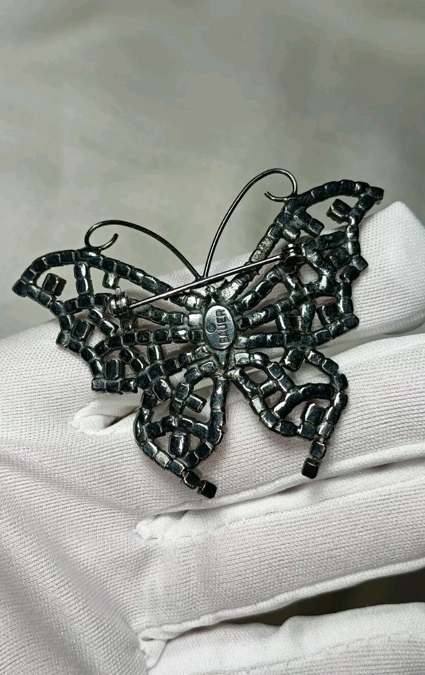 Vintage Dorothy Bauer Gunmetal Pink Blue Crystal Butterfly Pin Brooch