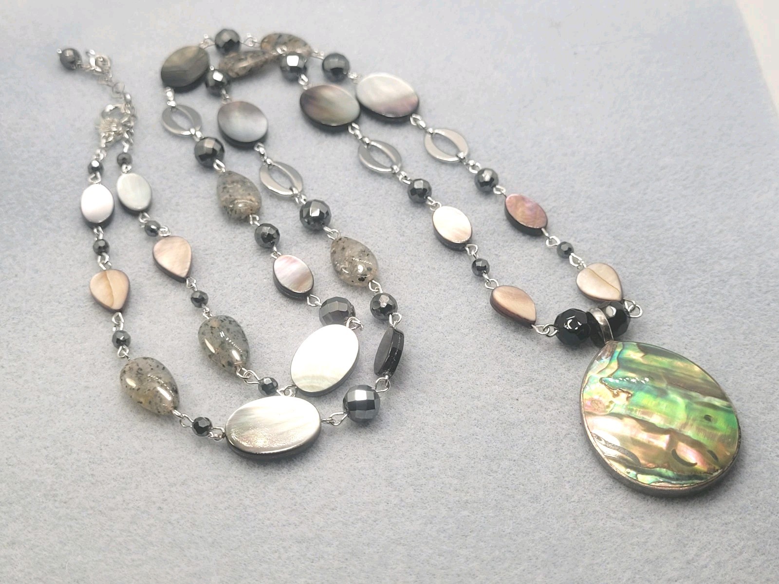 Black and gray mother-of-pearl beads, large iridescent abalone shell pendan, 34″