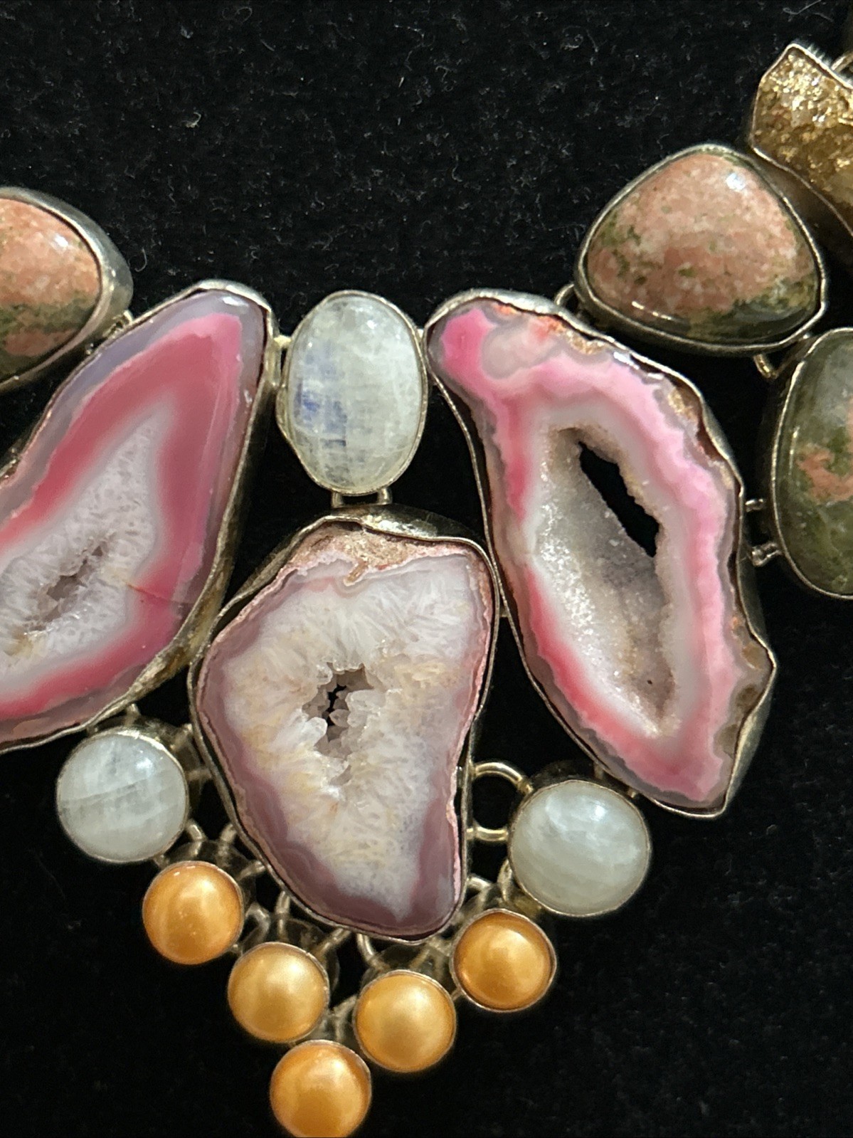 Vntg Designs By Cheryl P Rogers Phillips Pink Sliced Geode Druzy Agate Necklace