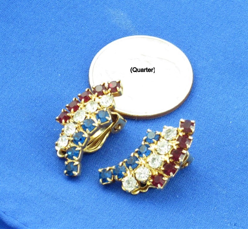 Vintage 50s Rhinestone Clip Earrings; Red White Blue Gold Tone Patriotic