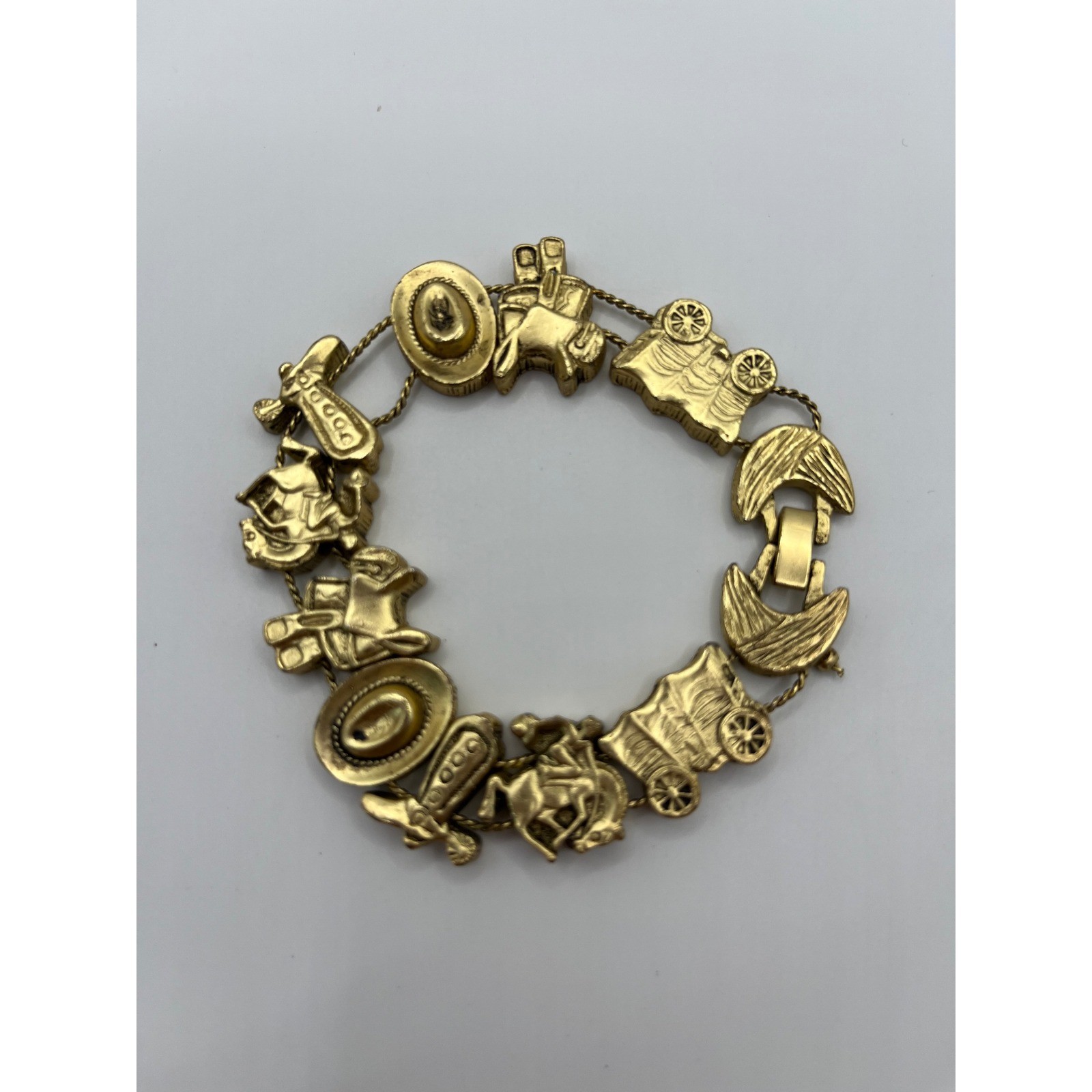 Vintage 1995 BG Western Slide Charm Bracelet Gold Tone Cowboy Boot Hat Wagon