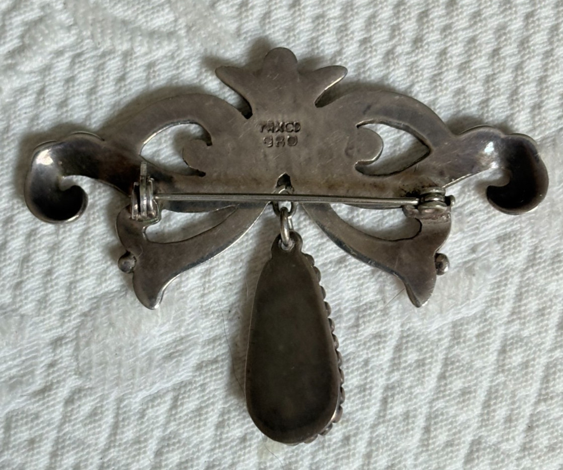 VINTAGE MEXICAN TAXCO 980 SILVER BROOCH W/AMETHYST BEADED HANGING PENDANT