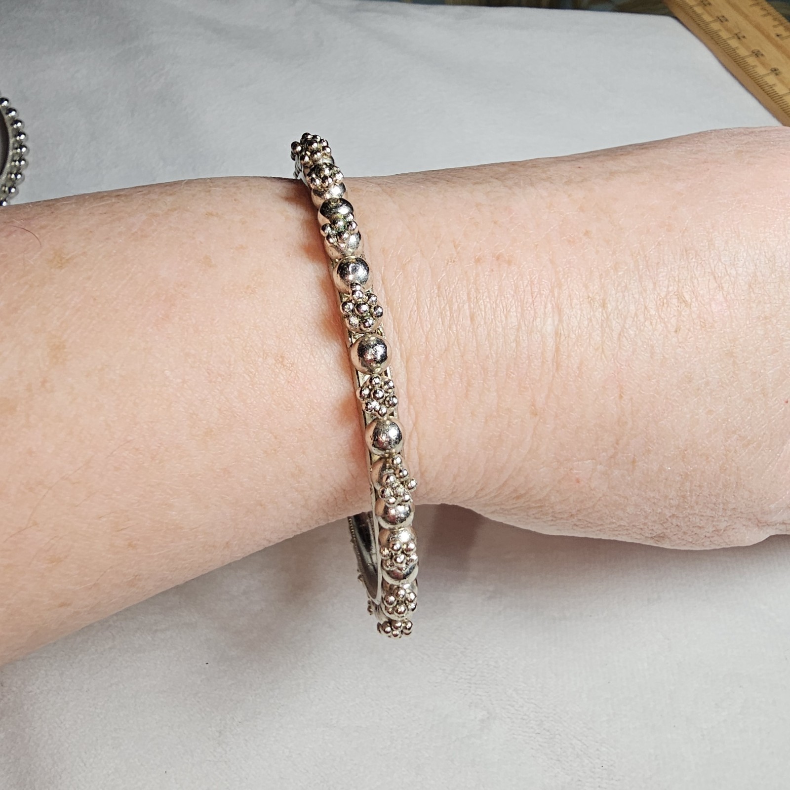 SET OF 3 Vintage Rajasthani Style BANGLE BRACELET Beaded Tribal Silvertone 8.25″