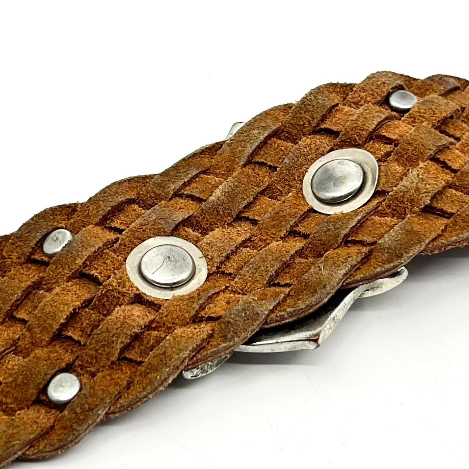 Vintage Y2K Brown Braided Leather Rhinestone Flower Cuff Bracelet Boho Retro
