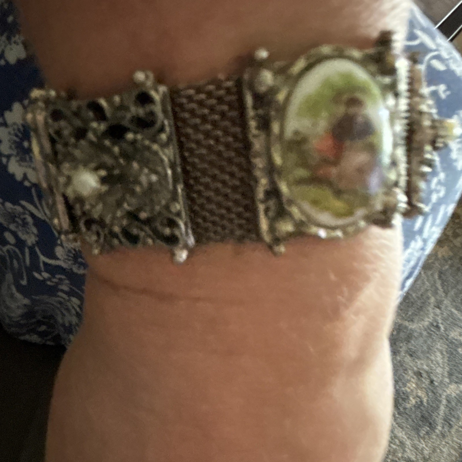 Vintage Victorian Revival Porcelain Meshed Silver Tone Bracelet 7 1/2 Inch Long