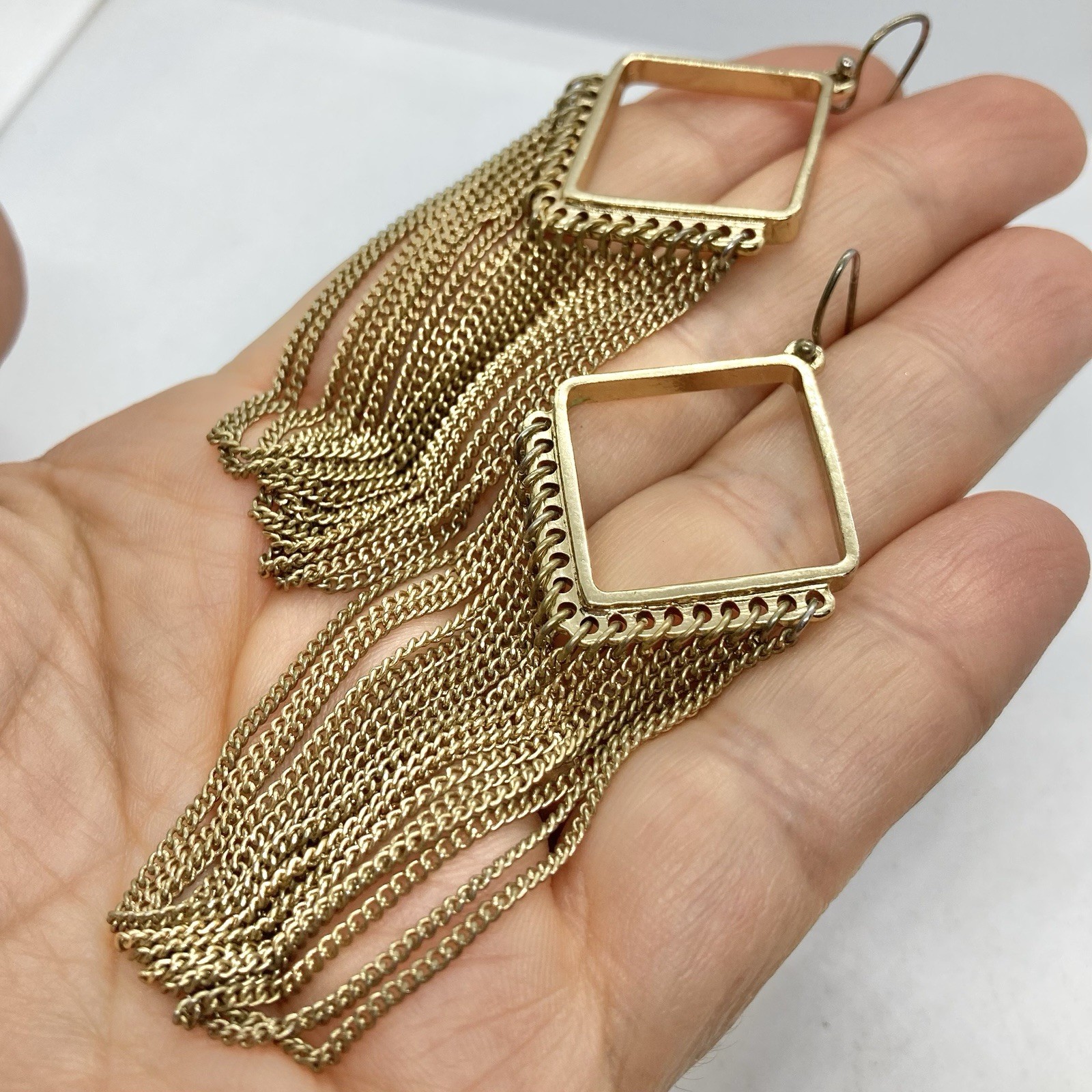 Vtg Fringe Chain Dangle Statement Earrings Gold Tn Hook Long Hoops