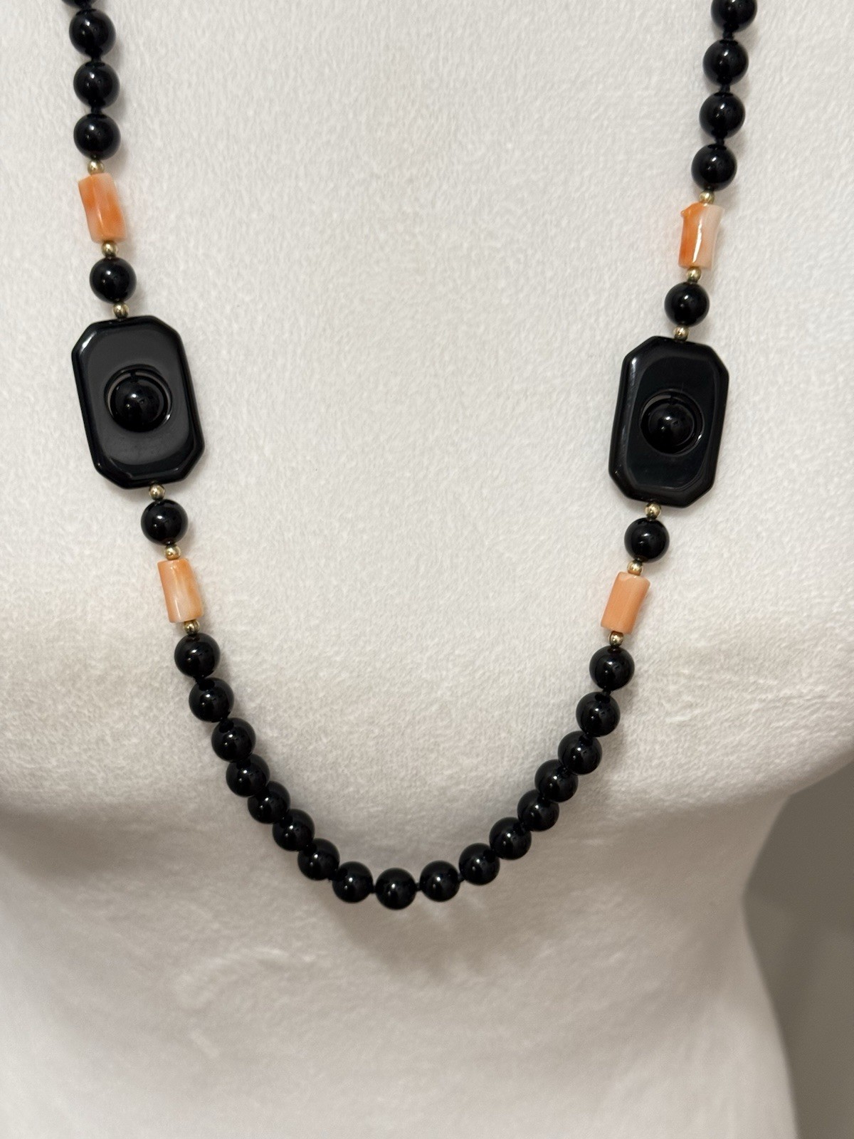 Vtg Black Onyx Pink Angel Skin Coral Necklace Chunky Statement Deco Geometric