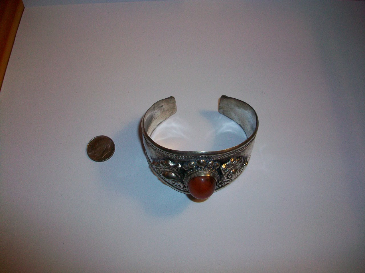 VTG Tribal Style Tibetan Silver Cuff W/Carnelian Stone & Ornate Design