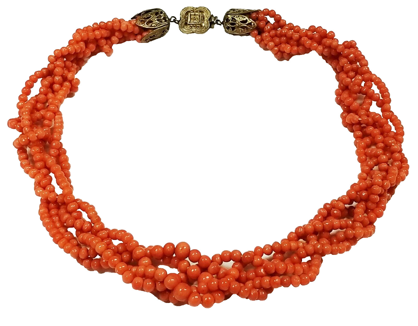 VERY EARLY Signed HASKELL Genuine Coral 4mm Bead Link Necklace 16.5″ x 3/4″