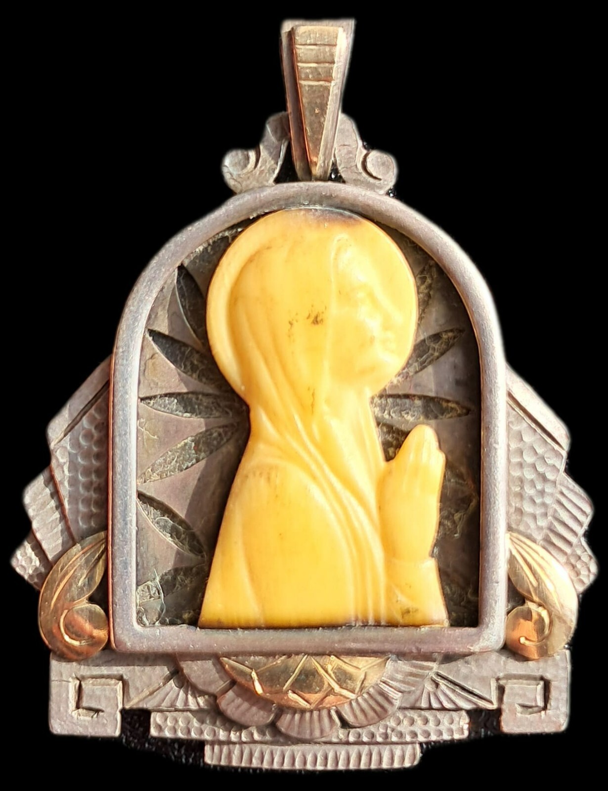 Fine Antique Art Deco Silver & Gold Madonna in Sorrow Virgin Mary Pendant C 1930