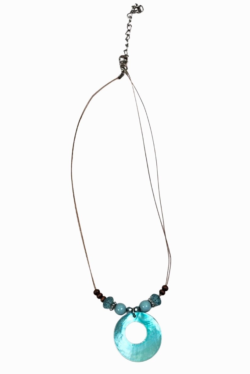 Vintage Abalone Paua Shell & Bead Donut Pendant Wire Necklace Bohemian | Beachy
