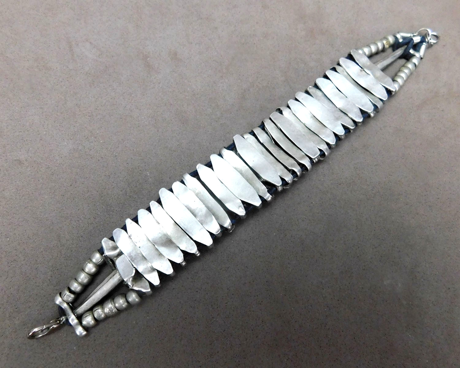 Vintage Handmade Segmented Silver Tone Metal Bracelet Small Stone Clean Used